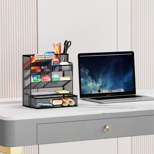 ReePlan Mesh Pen Organizer for Desk, Multi-Functional Pencil Holder with Drawer Desk Organizers, Large Capacity Storage for School Office Home Supplies