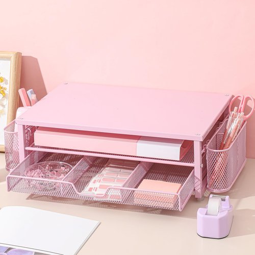 Kosiz 21 Pcs Pink Office Desk Organizers and Accessories Computer Monitor Stand with Drawer Pen Holder Stapler Tape Dispenser Sticky Note Clips Pen Highlighter Scissors Aesthetic Accessories for Woman