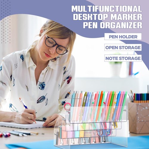 Cinnvoice Acrylic Pen Organizer Storage 20 Compartments Vertical Marker Organizer Acrylic Pen Display Holder for Office Desk Desktop Stationery Pencil Storage, 10.4 x 7.1 x 7.5 Inch