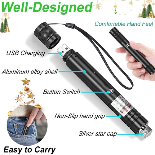 MEUSNO Green Laser Pointer High Power, USB Rechargeable Green Laser High Power Pointer Long Range Laser Pointer Laser Light Pointer for Presentations