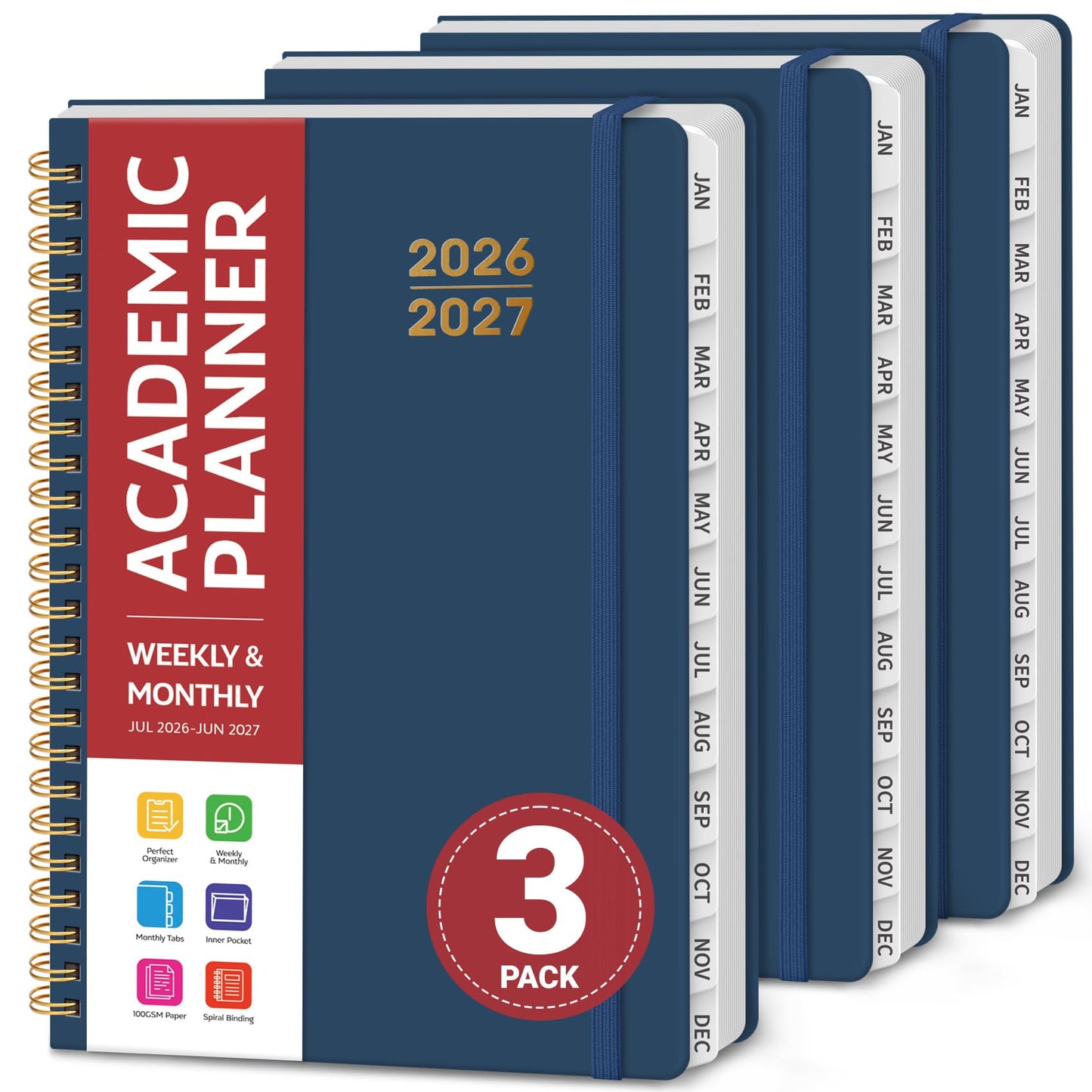 Planner 2026-2027 for Women & Men, Set of 3, Academic Monthly and Weekly Calendar Planner, Jul 2026 - Jun 2027, A5 (6.3" x 8.5"), Teacher Student Planning Book with Tabs, Ideal for Office School Supplies - 3 Navy Blue