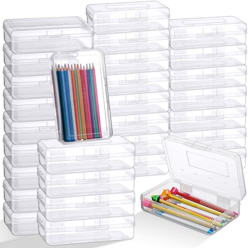 Patelai 30 Pcs Large Capacity Pencil Case Bulk Clear Hard Plastic Pencil Box Organizer with Snap Tight Lid Stackable Crayon Storage Box for Kids School Classroom Home Office 2 Style (Transparent)
