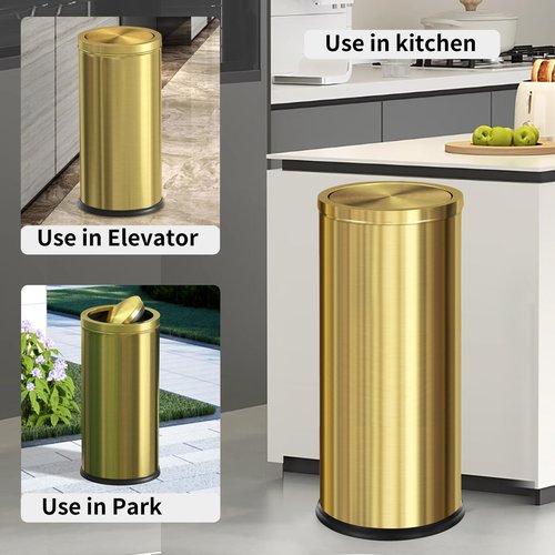 Huaqinglian Brushed Gold Kitchen Trash Can with Swing Lid 7.8Gallon,Stainess Steel Commercial Garbage Can Wastebaskets for Shopping mall,Hotel Lobby,Airport, Elevator Entrance Using(Gold, 7.8 Gallon)