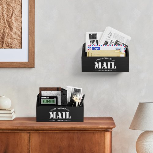 First-zgel Mail Organizer Countertop, Wood Mail Holder with 2 Slots, Rustic Mail Basket Mail Sorter for Wall, Bill Envelope Letter Holder for Home Office (Black
