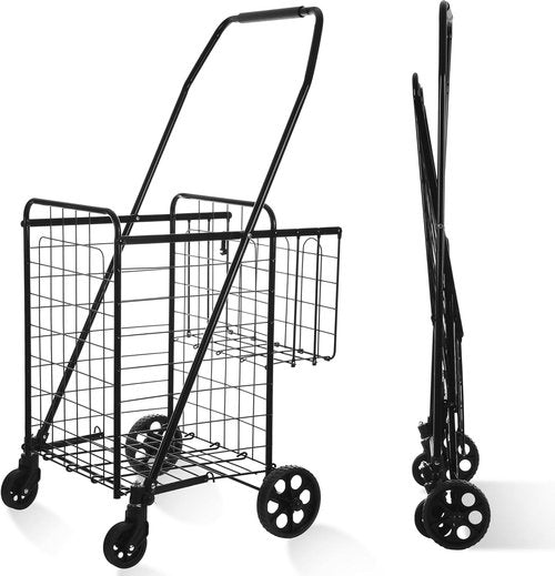 BIEAMA Folding Grocery Cart - 200 Lb Capacity Utility Cart with 360° Swivel Wheels | Medium & Extra Basket