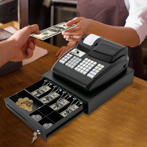 Electronic POS Cash Register with LED Display & Drawer 47-Key Commercial Cash Management System High-Speed Tabletop Billing for Retail Stores&Shops-Black