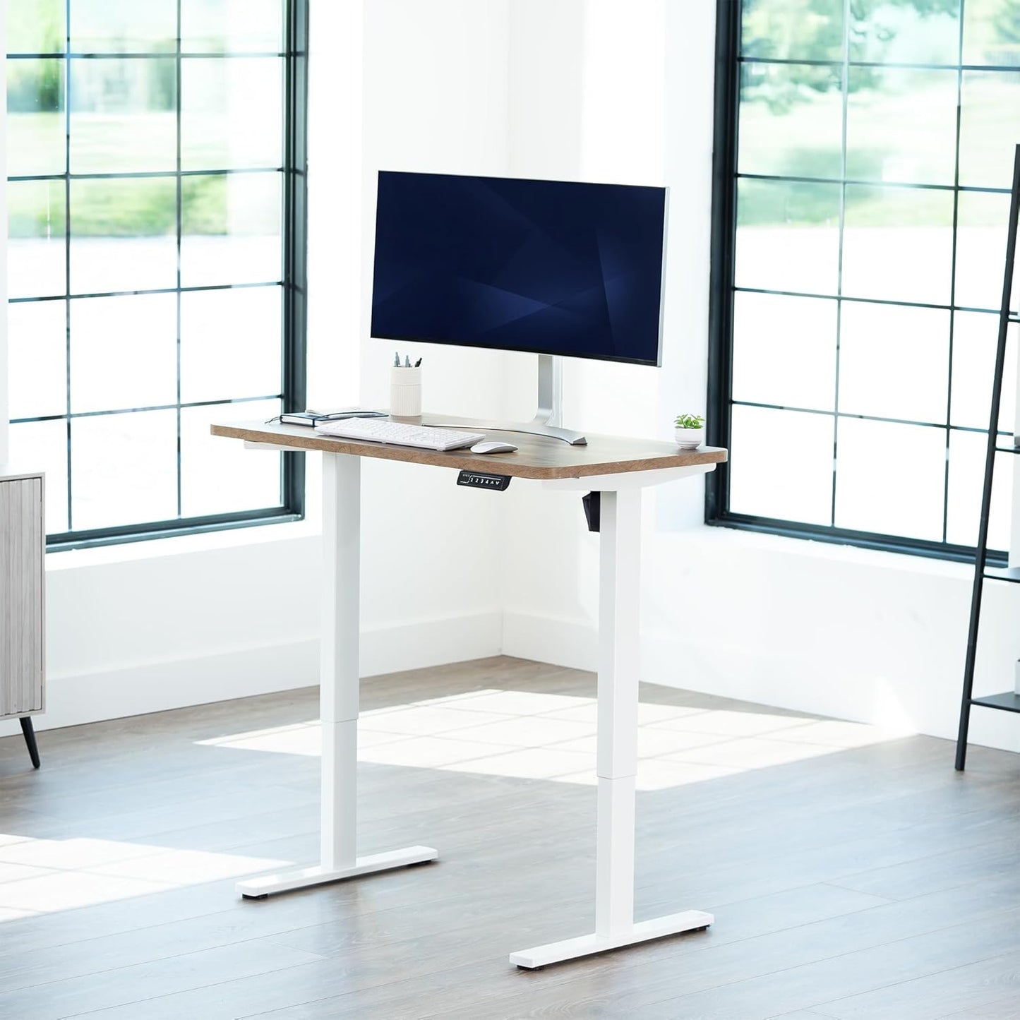 VIVO Electric Standing Desk - Memory Height Adjustment, 43 x 24 in, Reclaimed Wood Top, White Frame