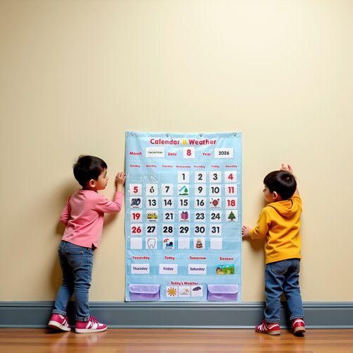 Educational Calendar and Weather Pocket Chart Set for Kids - Classroom Learning Tool with 147 Double-Sided Cards,Daily Routine Tracker for Preschool to Elementary (Light Blue)