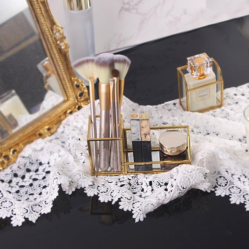 Feyarl Gold Glass Business Card Holder Pen Pencil Holder Desktop Business Name Card Office Accessory Display Stand Organizer Case for Office Desktop Meeting Countertop