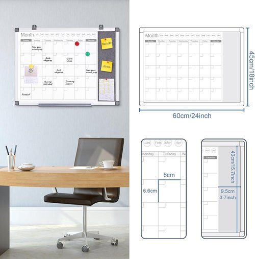 Makello Dry Erase Calendar - 24" x 18" Whiteboard & Grey Felt Board Combo for Home, Office, School