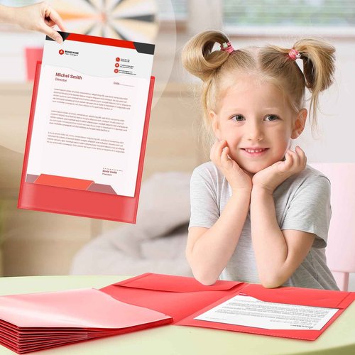 Henoyso 24 Set Parent Teacher Communication Folder with Clear Front Pocket Take Home Heavy Duty 2 Pocket Homework Folder for Student with School and Home Stickers, 12 x 9.45 Inch(Red)