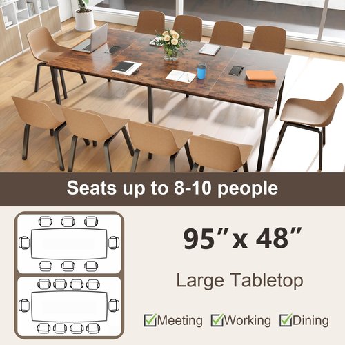 Tangkula 8 FT Conference Table, 95" x 48" Rectangle Office Computer Desk with Heavy-Duty Metal Frame, 2 Cable Grommets, Modern Seminar Table for Meeting Room, Boardroom (Rustic Brown,2)