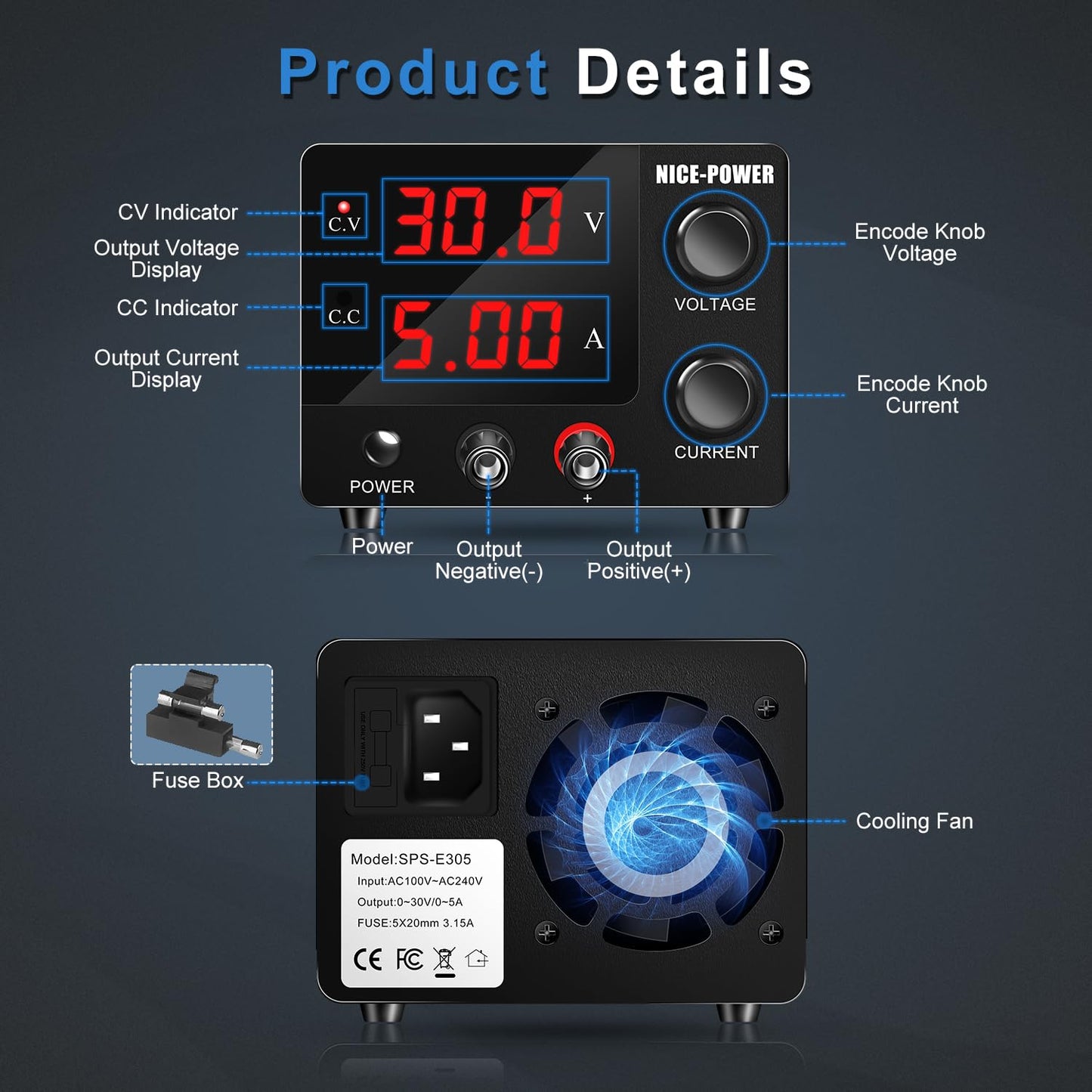 NICE-POWER DC Power Supply Variable, 30V 5A Adjustable Switching Regulated Power Supply with Encoder, Upgraded 3-Digits LED Display, Electroplating DIY LED Test Mini Regulated DC Bench Power Supply