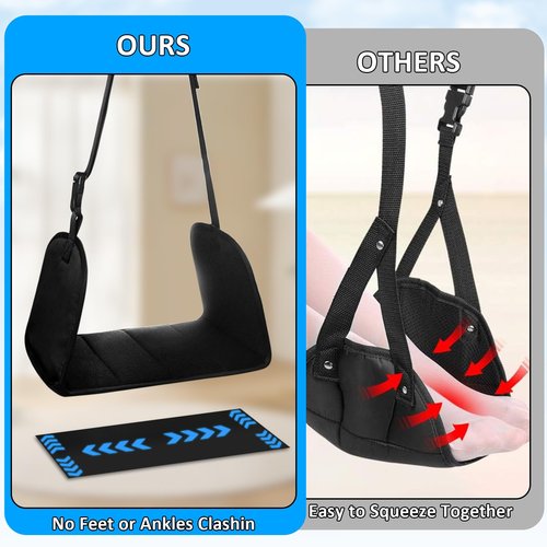 PENGARO Airplane Foot Rest, Office Footrest Under Desk with 4 Hooks, Widen Airplane Footrest Flight Hammock Memory Foam Travel Foot Sling for Work Gaming Travel Essentials, Black