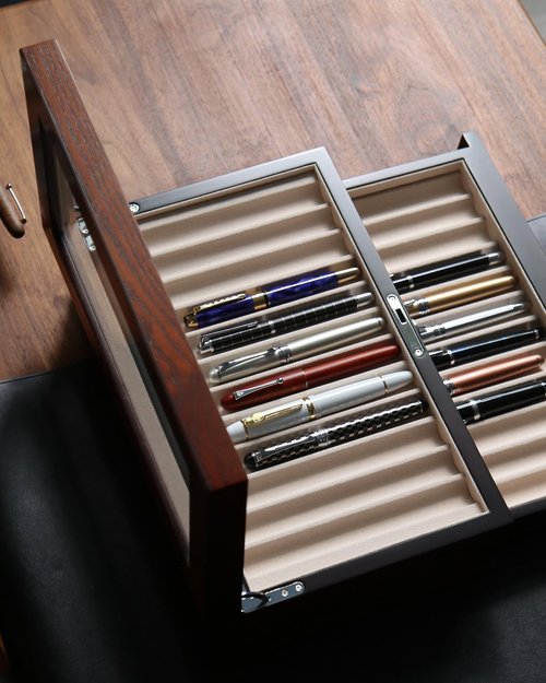 Besforu wood pen display case 24 slot Fountain pen Box storage Organizer with drawer, Top Glass Window Pen Collection Display Case