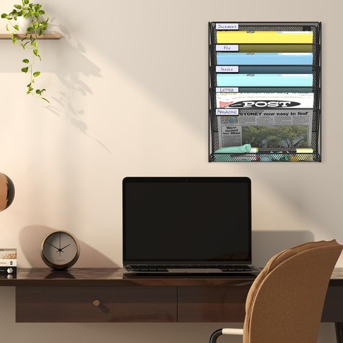 Hanging Folder Organizer Mesh 6 Tier, Wall File Organizer Hanging Paper Organizer, Wall Mount Mail Storage, Office Organization and Storage Rack for Home Office, Black