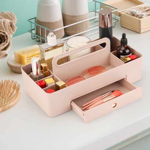 GYMDLN Multipurpose Caddy Organizer with Handle -8 Compartments and 1 small drawer - Art Craft Supplies, Office, Desk, Stationery Pen Holder, Makeup, Bathroom, Shower, Cleaning, Dorm Organizer - Pink