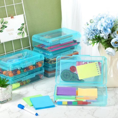 Mooliwe 12 Pcs Clear Double Layer Large Capacity Pencil Box, Plastic Hard Pencil Case with Snap Lid, Crayon Storage Stackable Box for School Classroom Home Office Supplies(Green)