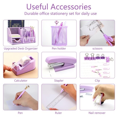 yuun Desk Organizers and Accessories, Purple Office Organizer for Women Storage with Stapler, Tape Holder, Clips Set, Staple Remover, Scissor, Pen Holder, Ruler, Pen, Staples and Transparent Glue