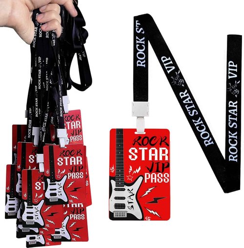 50 Pcs Rock Star Party Badge Rock PVC Card and Roll Party Badge Rock Star VIP Pass Lanyards for Rock Star Themed Birthday Party Supplies