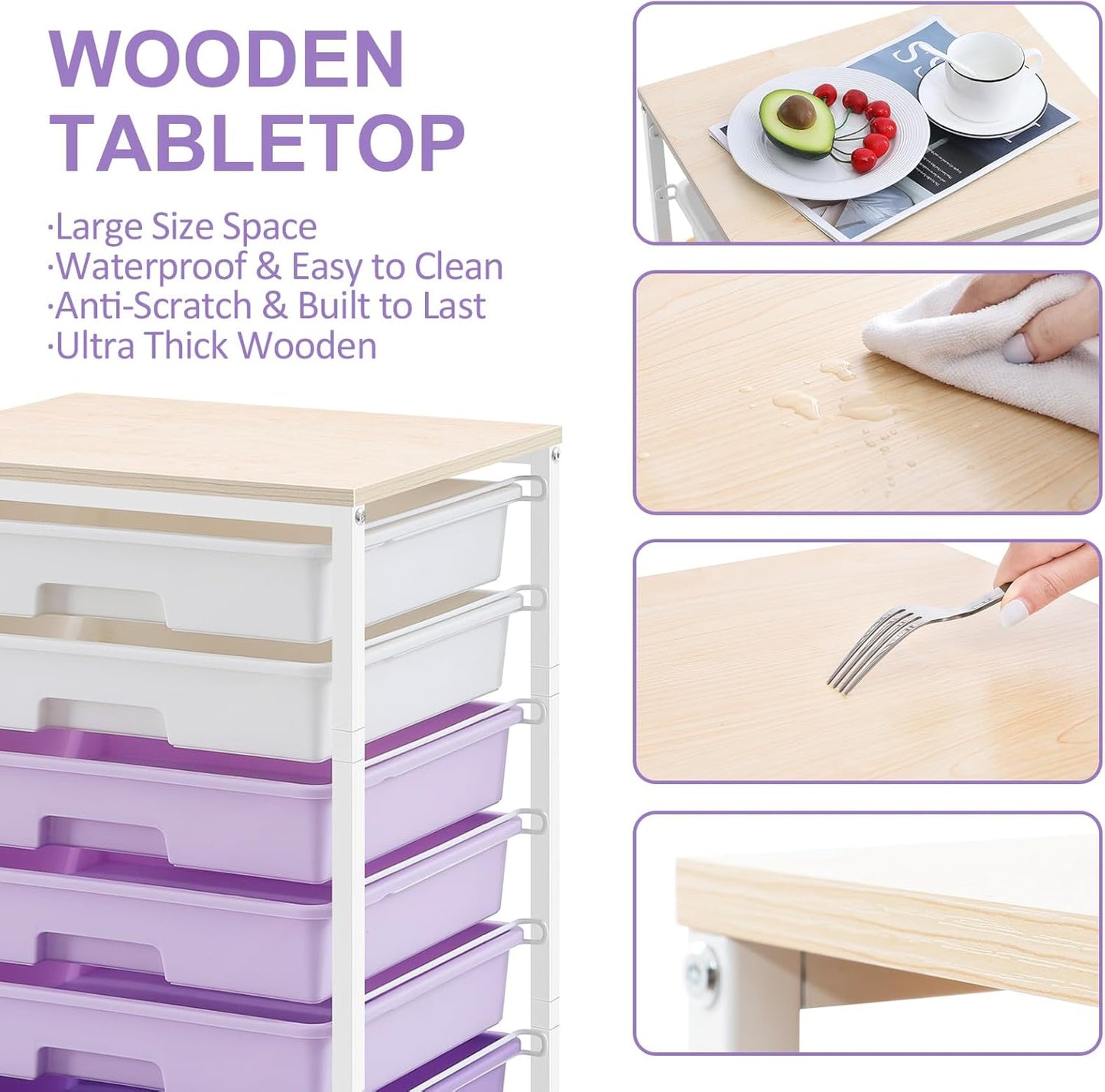 SYKIARIOL Rolling Utility Cart - 8 Drawer Storage with Wooden Tabletop for Home & Office | Purple