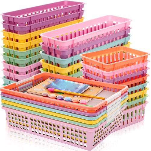 CroBlissful 36 Pcs Plastic Classroom Storage Baskets Bulk 3 Size Paper Pencil Crayon Organizer Baskets for Desk, Drawer, Paper Book and Pencil Bin Trays for Office, Classroom, Home(Morandi Colors)