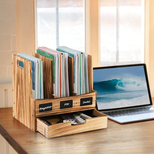 Eorbow Wooden Desk File Organizer, Desktop Document Folder Holder with 3 Compartments and 1 Drawer, Desk Organizer Binder Rack with Chalkboard Label, Magazine Storage Box Mail Sorter for Office Home