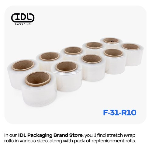 IDL Packaging 3" Stretch Wrap Mini Roll, 700 feet, 120 Gauge (Pack of 4) with a Plastic Handle Included – Industrial Grade Clear Plastic Wrap – Improved Protection for Packing, Moving, or Office