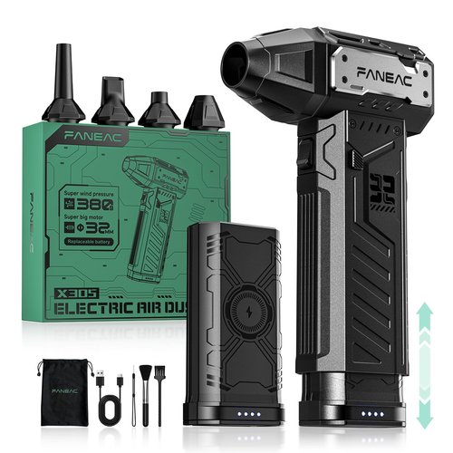 FANEAC Electric Air Duster, Ultra-Powerful Compressed Air Duster, 2 x Battery-Pack, 3-Gear Speed, 150,000 RPM BLDC Brushless Motor, for Keyboard, Computer, House, Indoor and Outdoor