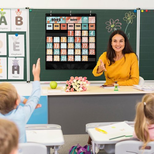 Classroom Calendar Pocket Chart – Boho Retro Groovy Bulletin Board Set with 103 Cards for Preschool, School Schedule, Teacher Must Haves, Kids Class Decor, Back to School