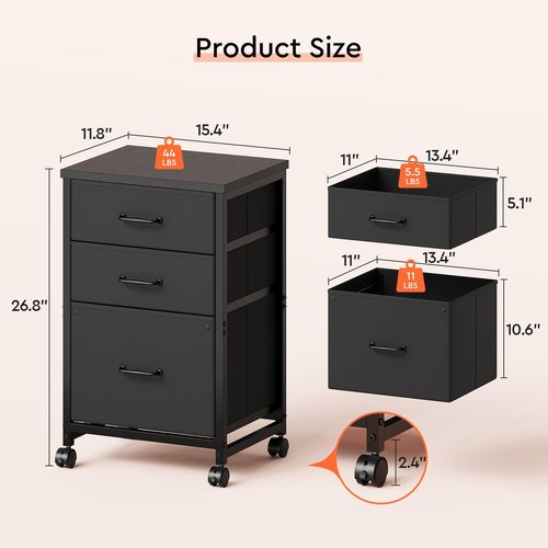 Maihail 3 Drawer Mobile File Cabinet with Wheels Fabric Vertical Filing Cabinet fits A4 or Letter Size for Home Office,Black