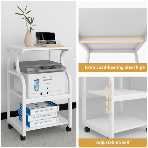 Natwind 3 Tier Printer Stand,Rolling Printer Table with Adjustable Storage Shelf for Home Office Organization,Multifunctional Shelves for Heat Press,3D Printer (White)