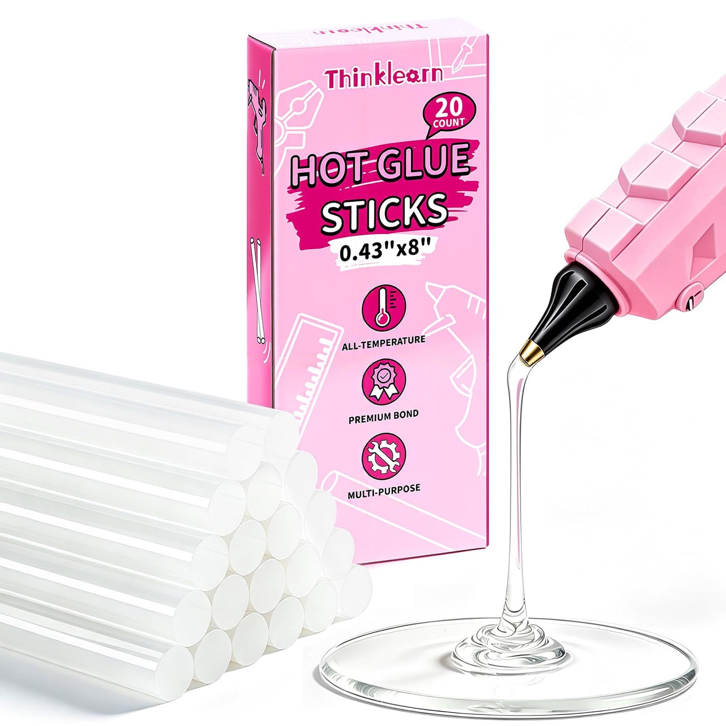 Thinklearn 20 PCS High Performance Full Size Hot Glue Sticks 8" X 0.43", Large Glue Sticks for Home & School Crafting, Repairs and DIY Projects