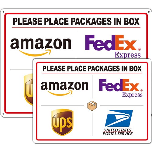 Set of 2 Delivery Signs for Packages, Please Place Packages in Box Sign, Including 14 x 10 in Aluminum Sign & 10 x 7 in Stickers, Clear Visibility & Weatherproof