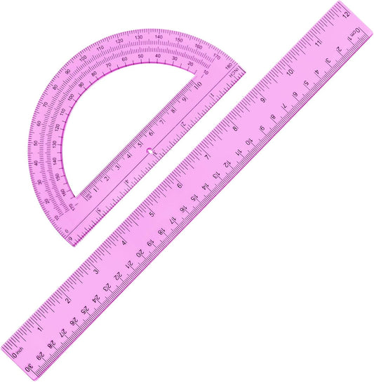 Zonon 12'' Plastic Ruler & 6'' Protractor Set - Clear Math Geometry Supplies for School | Pink