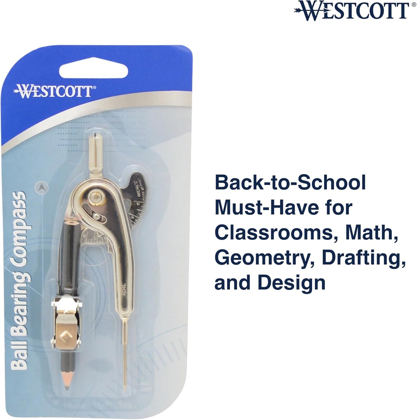 Westcott Nickel-Plated Ball Bearing Compass - Professional Drawing Tool for Circles Up to 13 Inches