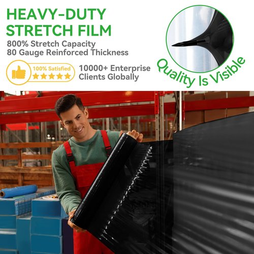 PAFEI 17.5"x1500ft Black Stretch/Shrink Wrap Roll - 80 Gauge Industrial Plastic Wrap for Moving, Heavy Duty 800% Stretch for Pallets, Packing, Shipping&Furniture Protection with Handles-2 Rolls