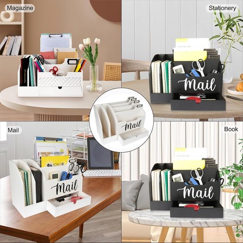 Niciksty Wood Desktop Mail Organizer, Fantasyon Mail Organizer Countertop with 6 Compartments and Drawer, Wood Desk Drawer Organizer for File Letter Paper Folder, White