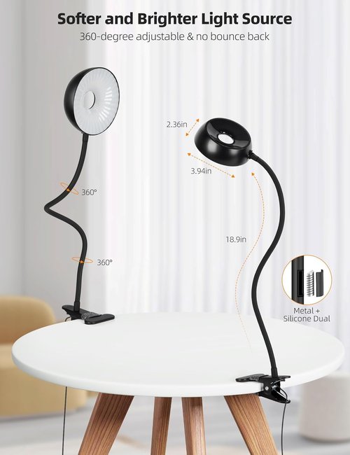LiFMIRA LED Reading Light - Eye-Friendly Clip-On Lamp with 3 Color Modes & 10 Brightness Levels - Black