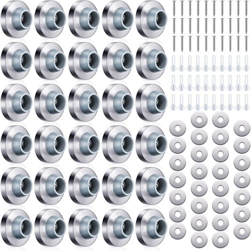 Pangda Concave Wall Door Bumper Stop Silver Stainless Steel Wall Door Bumper with 1-1/8 Inch Gray Round Rubber Protector Stops(Silver,30 Pieces)
