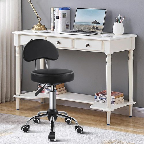 KKTONER Rolling Stool - Height Adjustable PU Leather Swivel Chair with Wheels | Black Mid Back Design