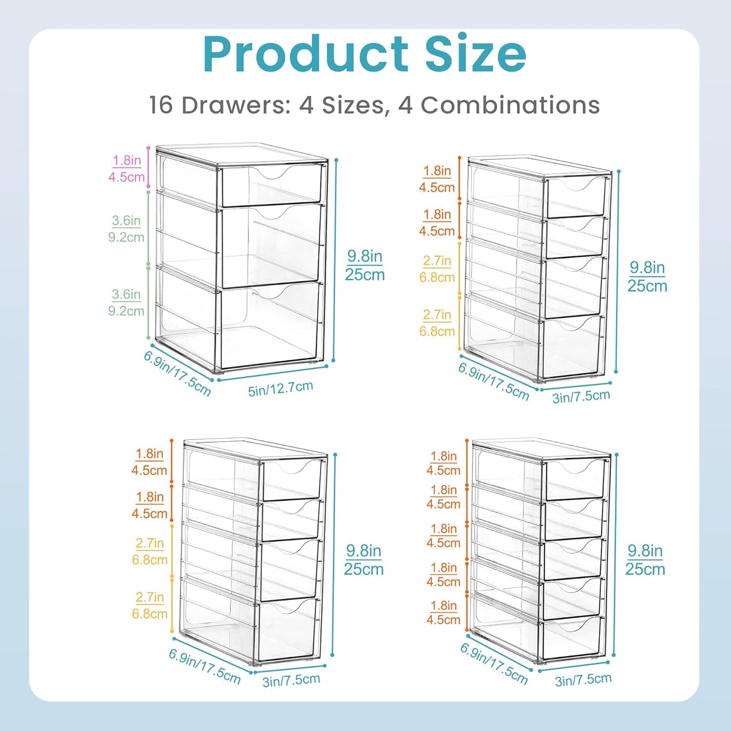 Vtopmart Clear Desk Organizer Set - 4-Piece Acrylic Storage with 16 Drawers for Office Supplies & Makeup