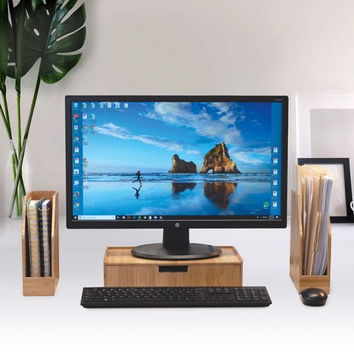 MobileVision Bamboo Drawer Large, Monitor Stand & Stackable Storage Solution for office products pens, pencils, scissors, notepads, business cards and more