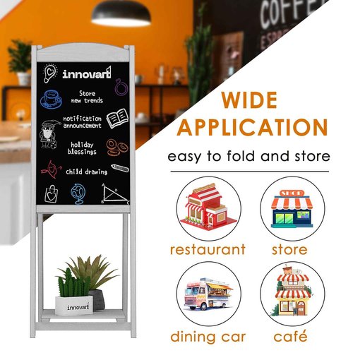 INNOVART Magnetic A-Frame Chalkboard Sign, Sidewalk Sign 45" x 17" With Display Shelf, Free Standing Easel for Restaurant, Business, Wedding or Events, White