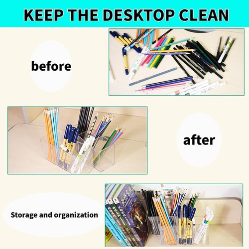 eastbao 6 pack Acrylic Pen Holder for desk cute office supplies,Stationery and makeup brush organizer,Clear Desktop Pencil Cup with 3 Compartments