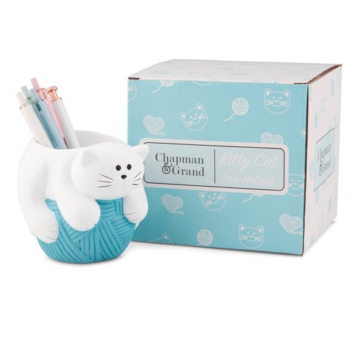 Chapman and Grand Relaxing Kitty Cat Pen Holder (White/Turquoise), Patent Pending