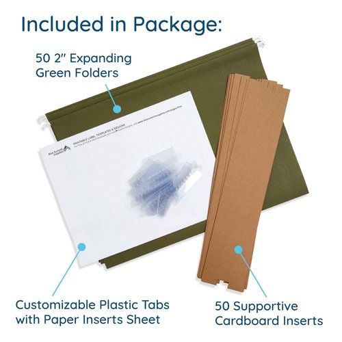 50 Extra Capacity Hanging File Folders, Heavy Duty, 2’’ Expansion Filing Folders, Designed for Bulky Files, Legal Charts, Manuals, and More, Standard Green, Legal Size, 50 Pack