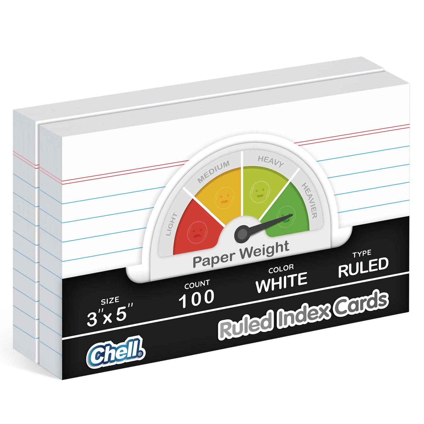 Chell Extra Heavyweight Ruled Index Cards 3x5 Inch, No Bleed-Through, 100 Count, Ruled Front and Blank Back, 85 lb. Cover Weight, White