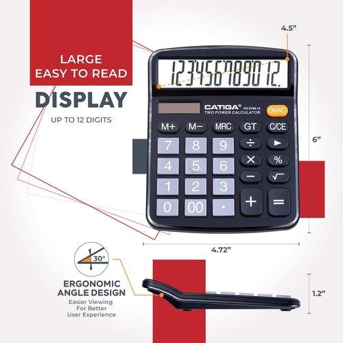 CATIGA 12-Digit Desktop Calculator - Large LCD Display, Dual Power, 2-Pack | Ideal for Office & School