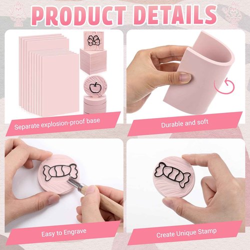 Innconee 24 Pcs Rubber Stamp Carving Blocks Pink Rubber Carving Blocks Round Square Rectangle Making Kit for Stamp Crafts and DIY Project